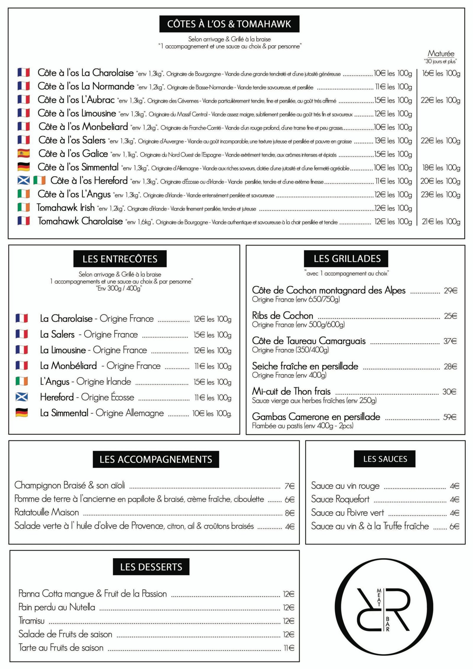 Carte du Rémane Meat Bar